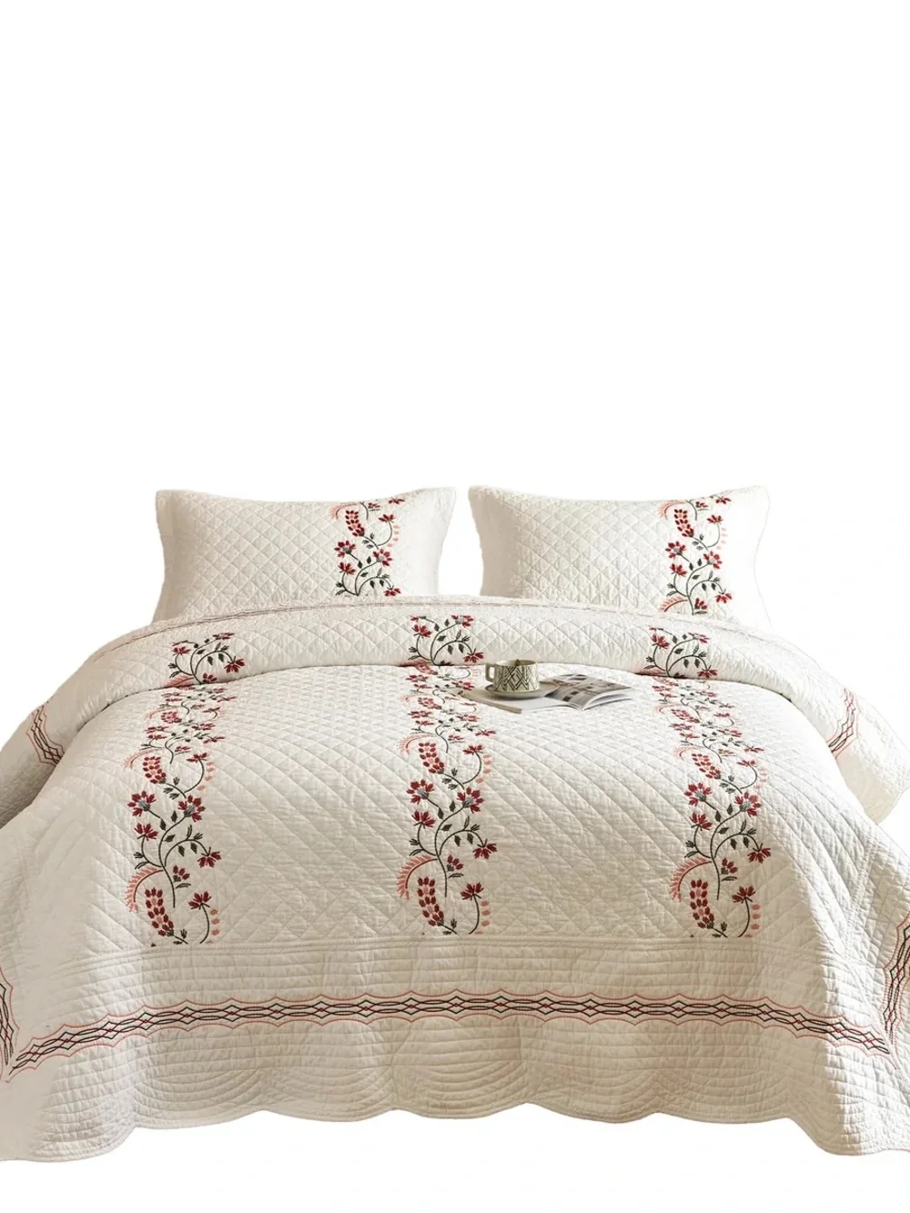 3 piece 100% cotton embroidered quilt set farmhouse bedspread